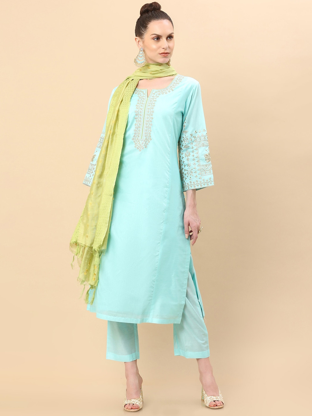 

Soch Women Blue Floral Embroidered Raw Silk Kurta with Trousers & Dupatta Set