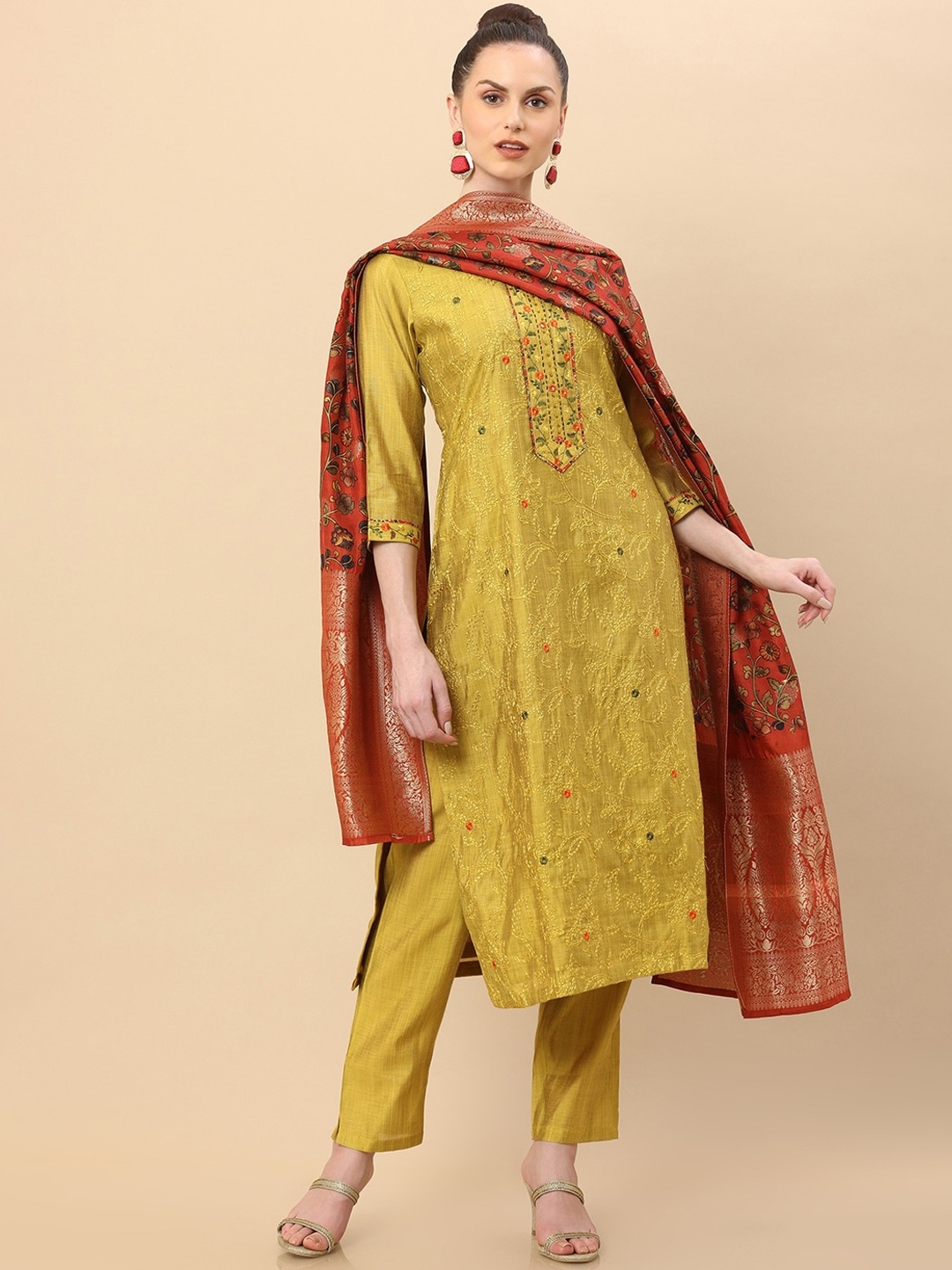 

Soch Women Mustard Yellow Embroidered Pure Silk Kurta With Trousers & Dupatta