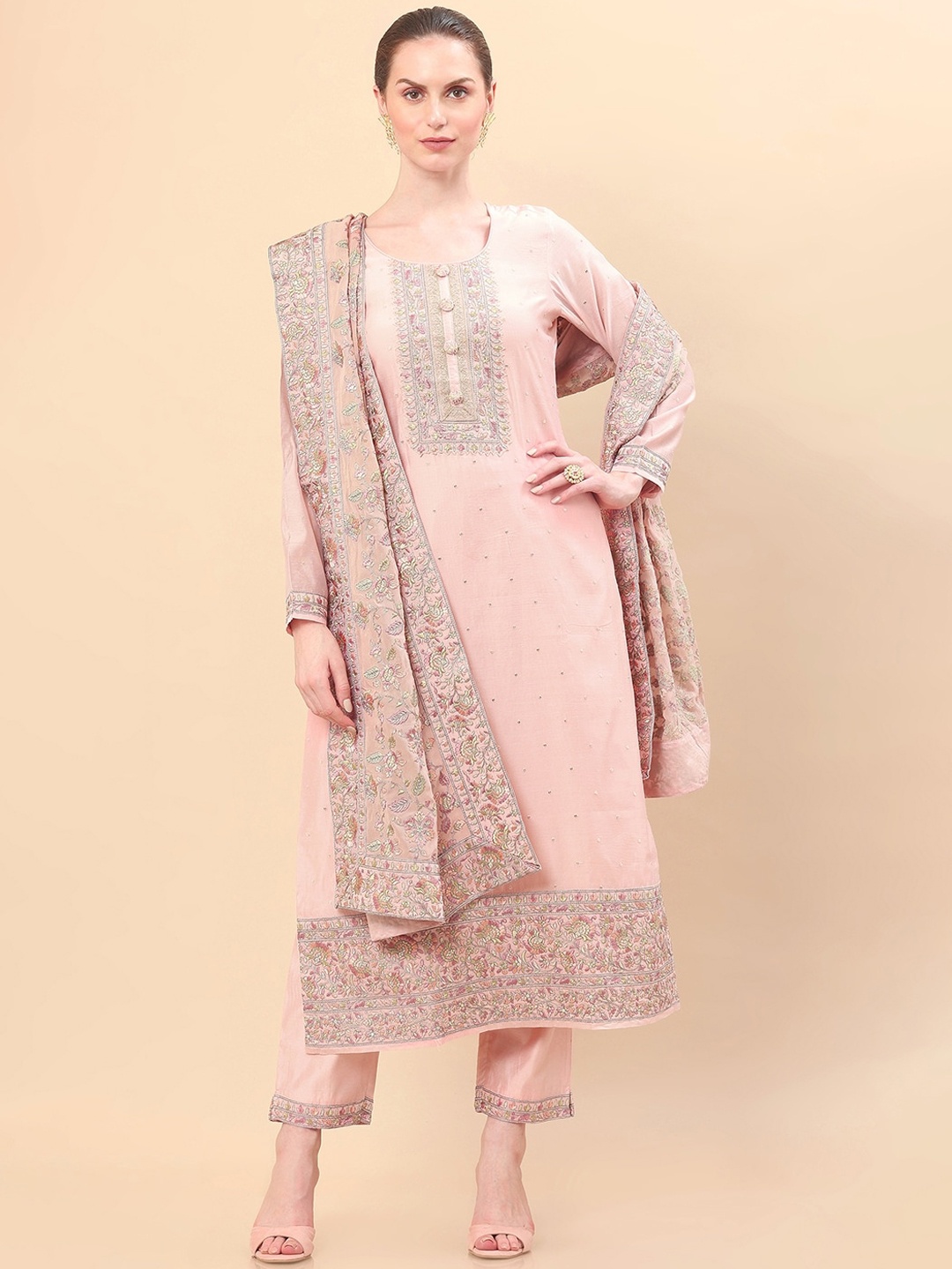 

Soch Women Peach-Coloured Ethnic Motifs Embroidered Chanderi Cotton Kurta with Trousers & With Dupatta