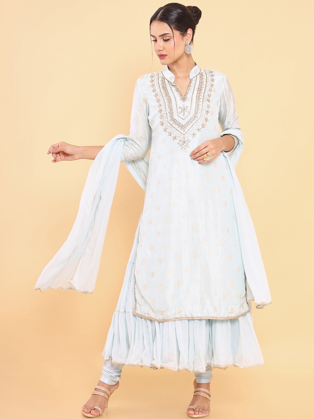 

Soch Women Blue Floral Foil Printed Layered Kurta with Churidar & With Dupatta