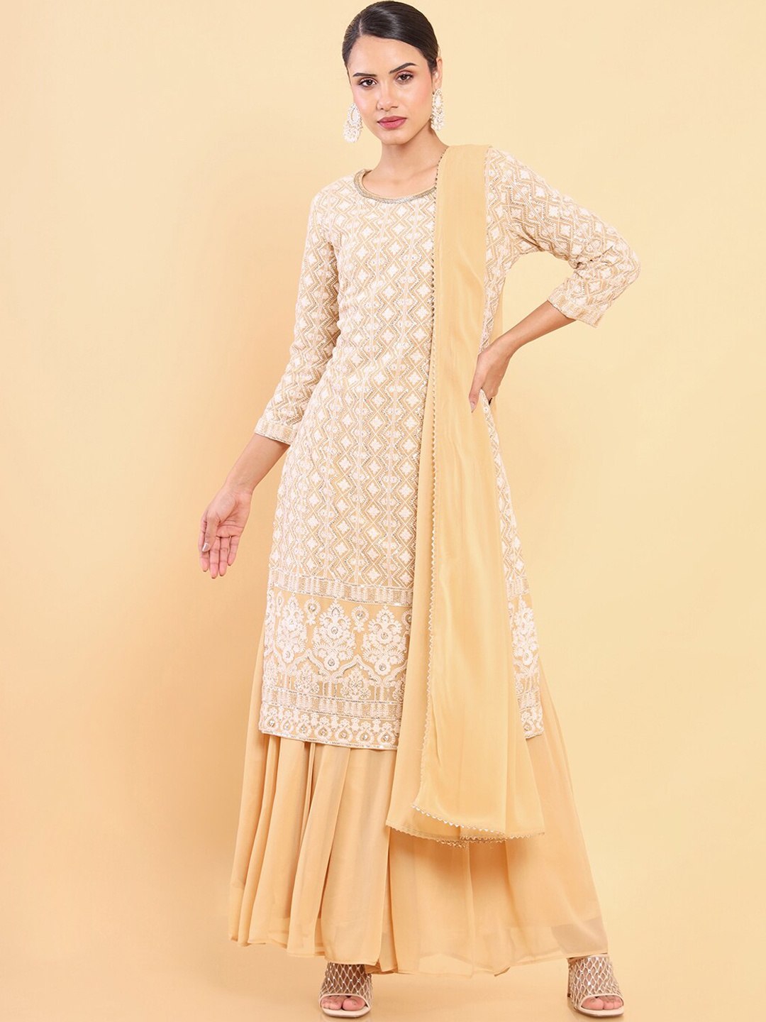 

Soch Women Beige Ethnic Motifs Embroidered Chikankari Kurta with Sharara & With DupatTa