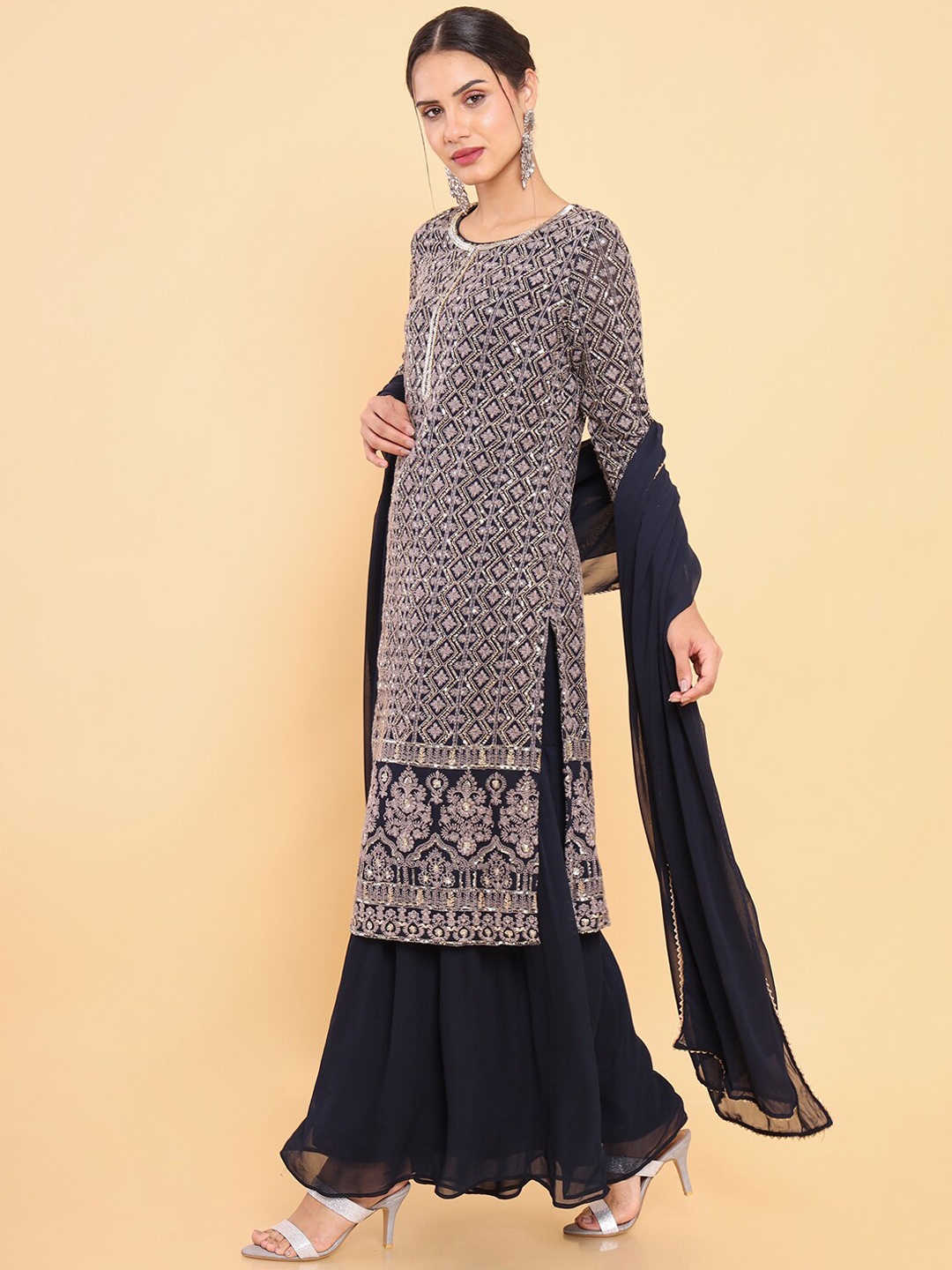 

Soch Women Navy Blue Ethnic Motifs Embroidered Kurta with Sharara & Dupatta