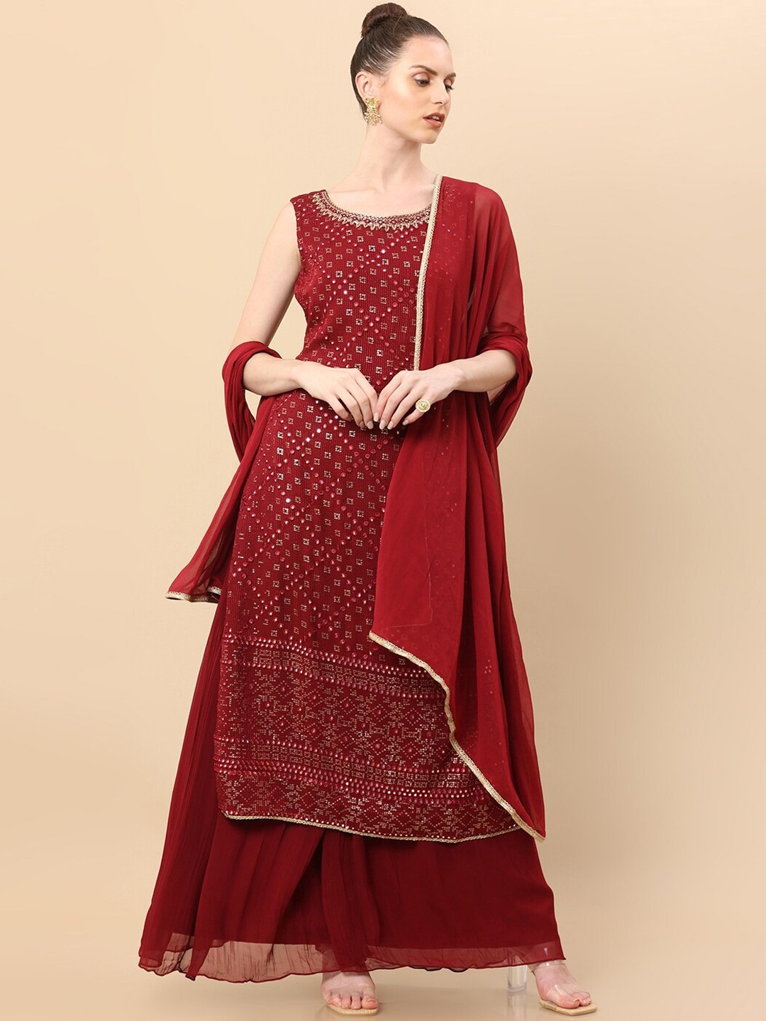 

Soch Women Maroon Ethnic Motifs Embroidered Kurta with Palazzos & With Dupatta
