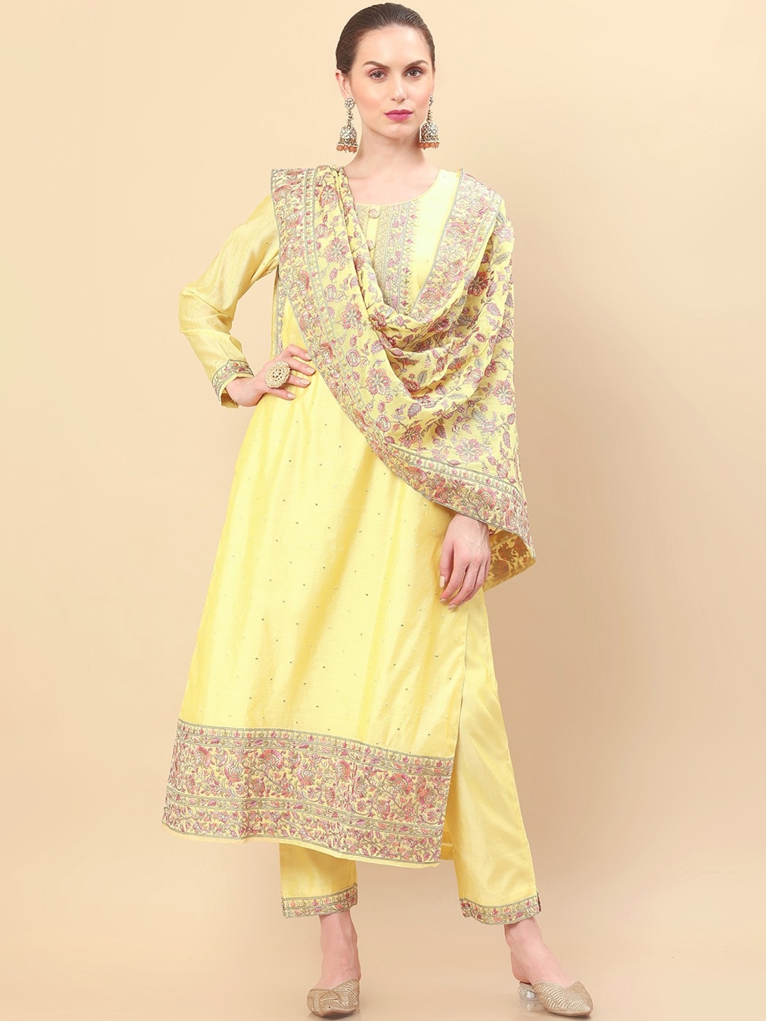 

Soch Women Yellow Floral Embroidered Chanderi Cotton Kurta with Trouser & Dupatta