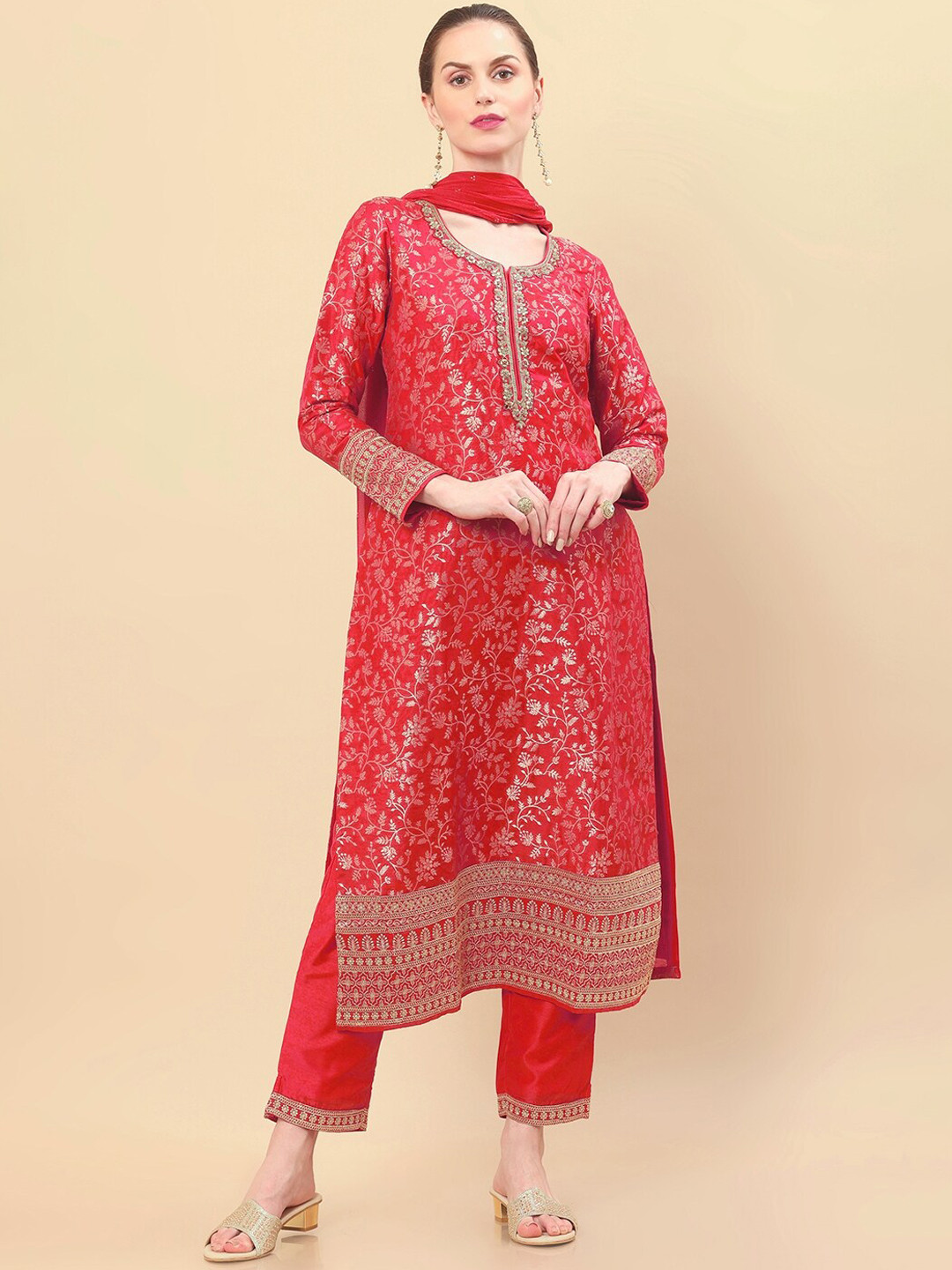 

Soch Women Red Floral Embroidered Gotta Patti Kurta with Trousers & With Dupatta