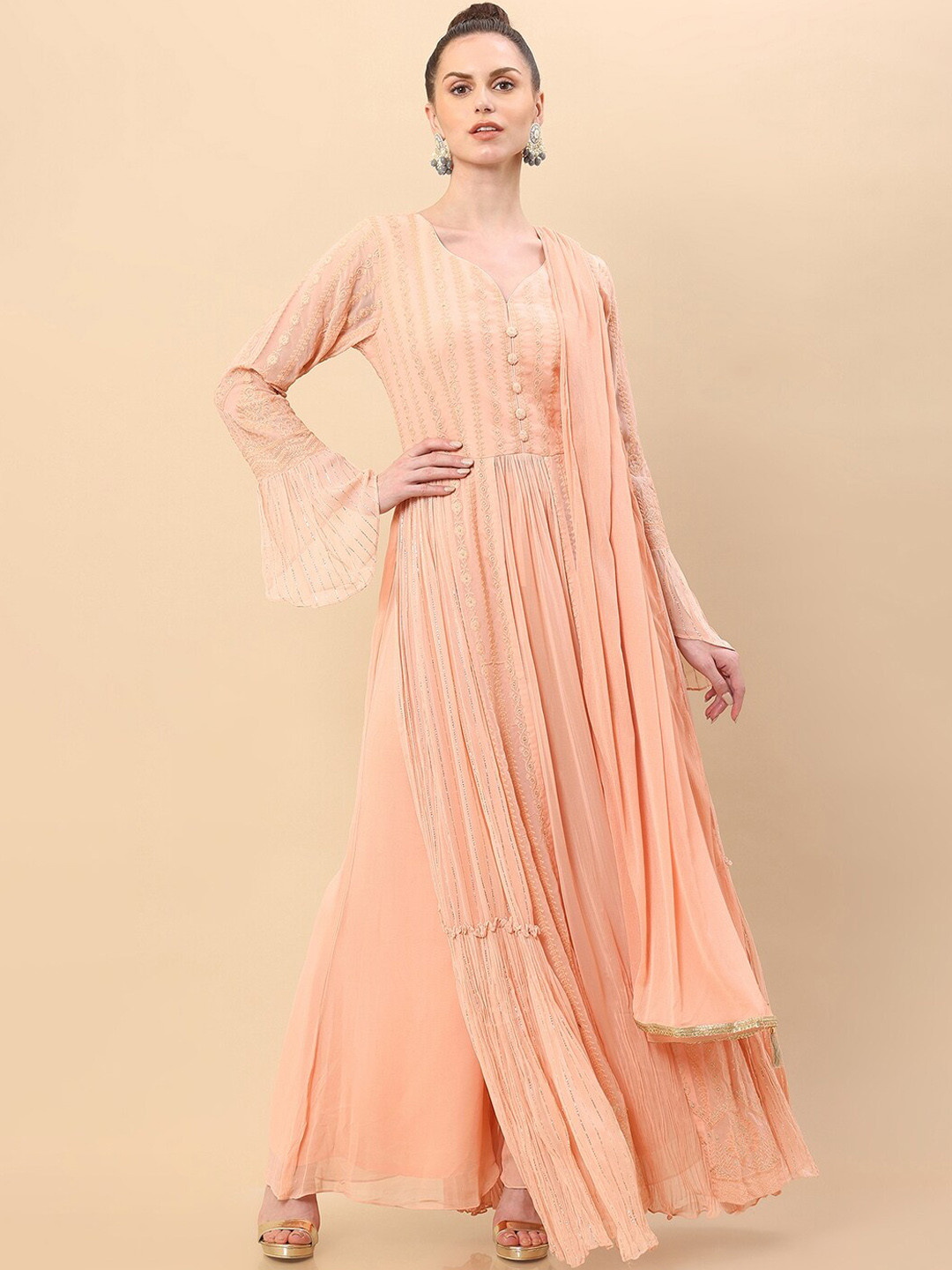 

Soch Women Peach Embroidered Chikankari Kurta with Palazzos & With Dupatta
