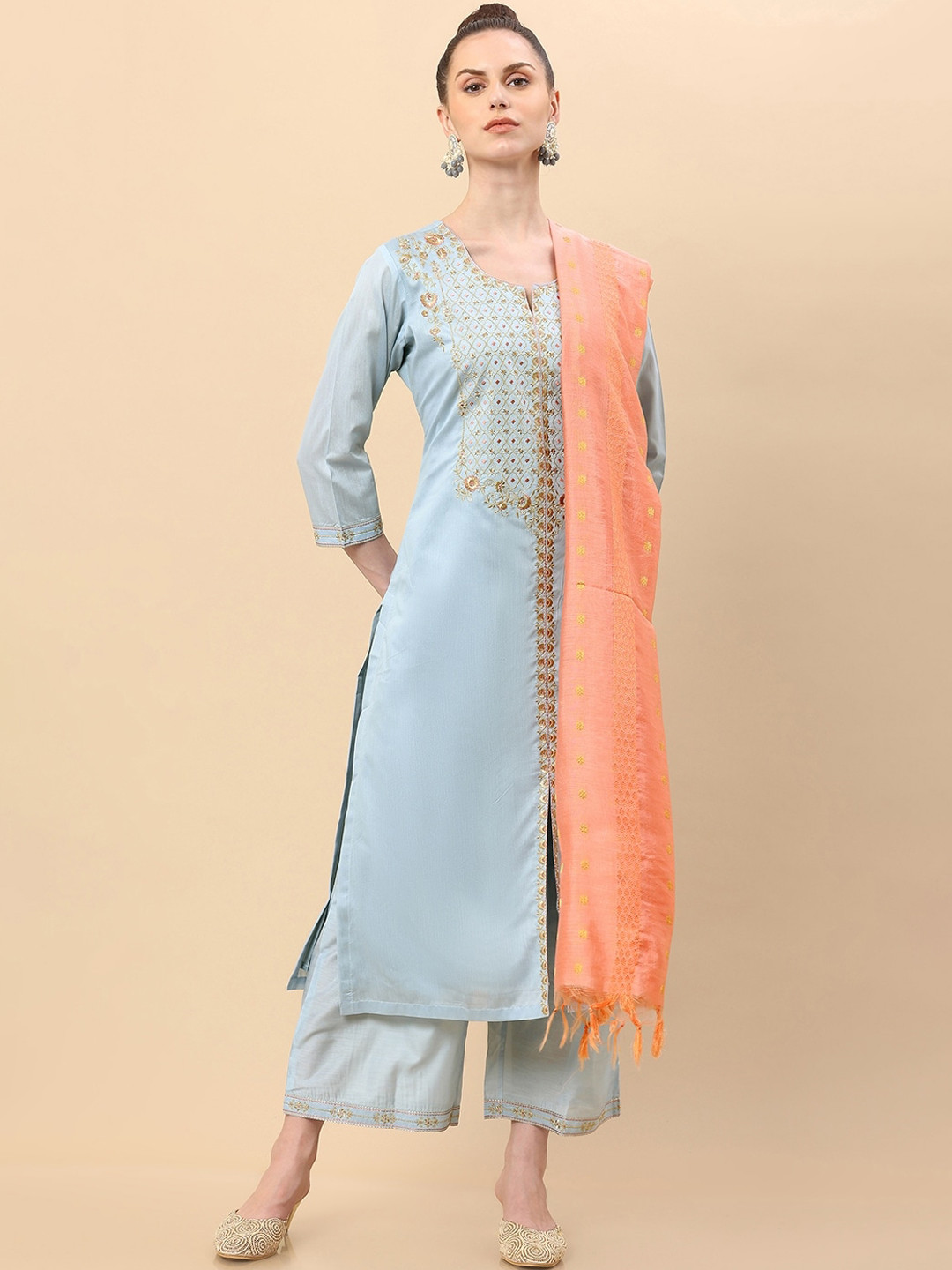 

Soch Women Blue Floral Embroidered Panelled Thread Work Raw Silk Kurta with Pyjamas & With Dupatta