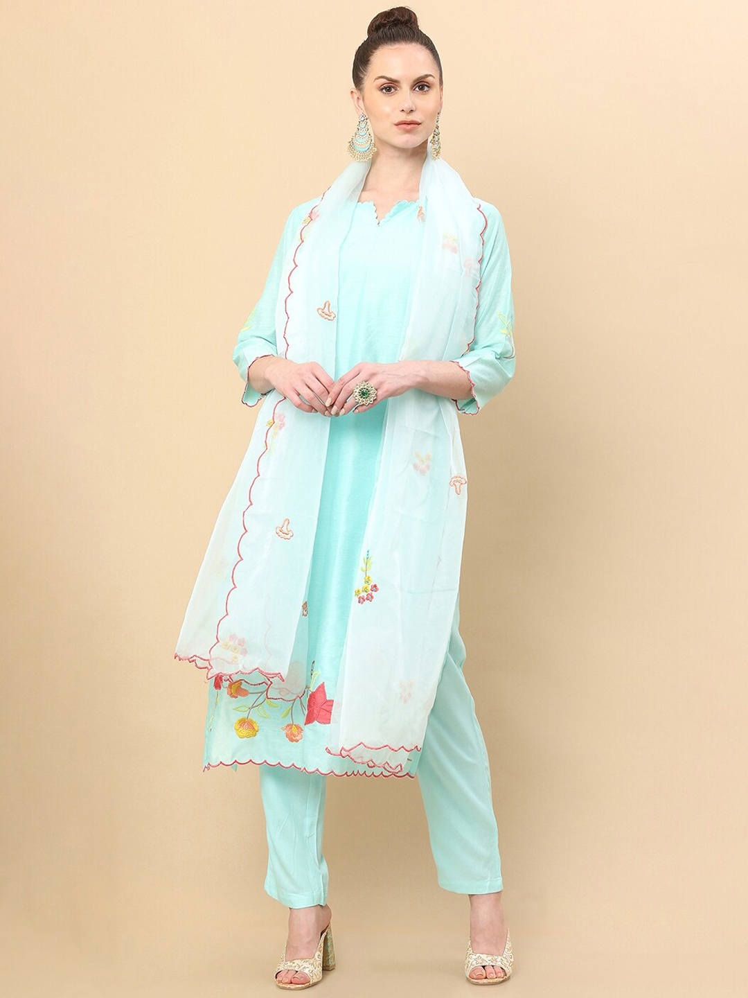 

Soch Women Blue Floral Embroidered Thread Work Chanderi Cotton Kurta With Trousers & Dupatta