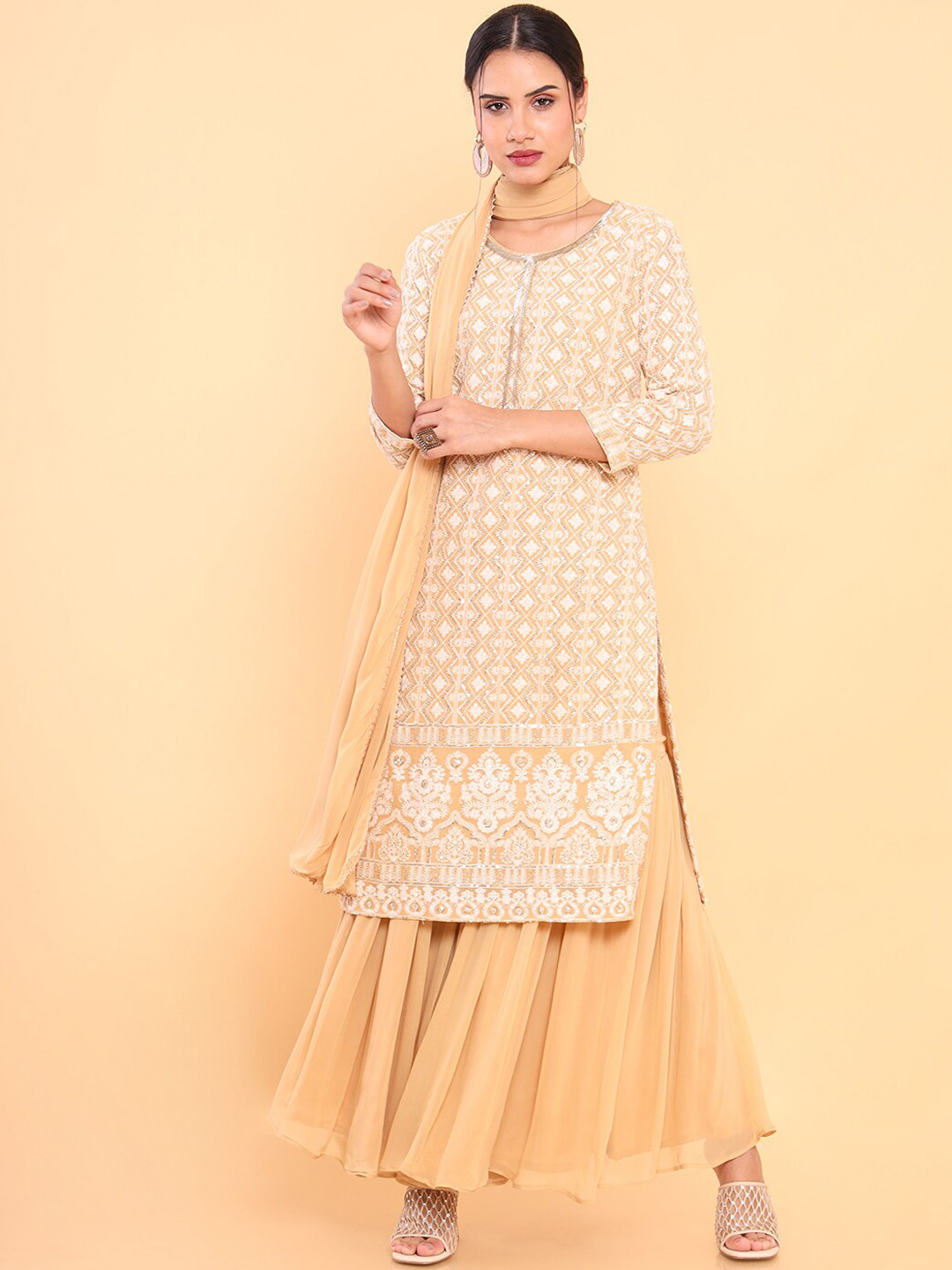 

Soch Women Beige Ethnic Motifs Embroidered Thread Work Kurta with Sharara & With Dupatta