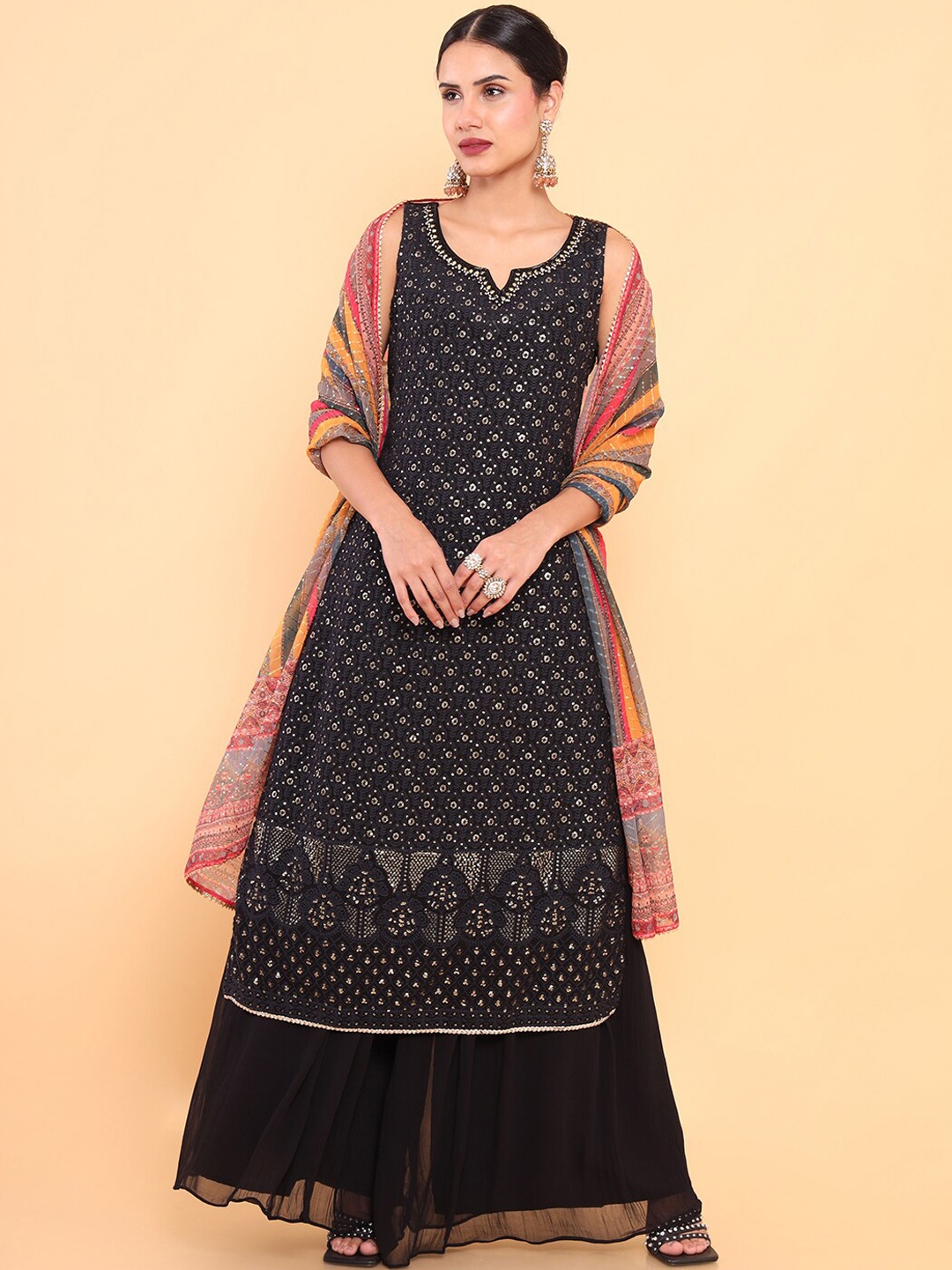

Soch Women Black & Pink Embroidered Straight Kurta with Sharara & With Dupatta