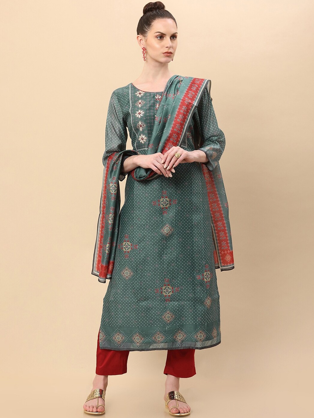 

Soch Women Teal Green Ethnic Motifs Chanderi Cotton Kurta with Trousers & With Dupatta