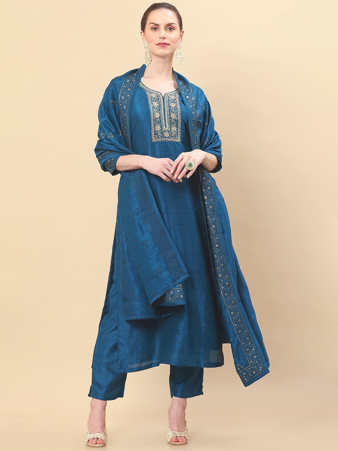 

Soch Women Blue Floral Embroidered Pure Silk Kurta With Trousers & Dupatta