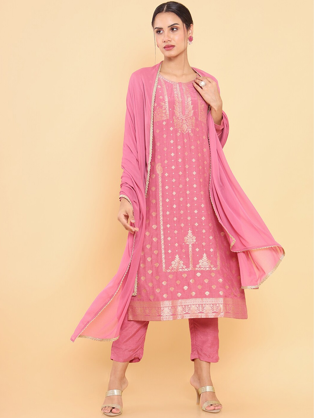 

Soch Women Pink Printed Kurta with Trouser & With Dupatta Set