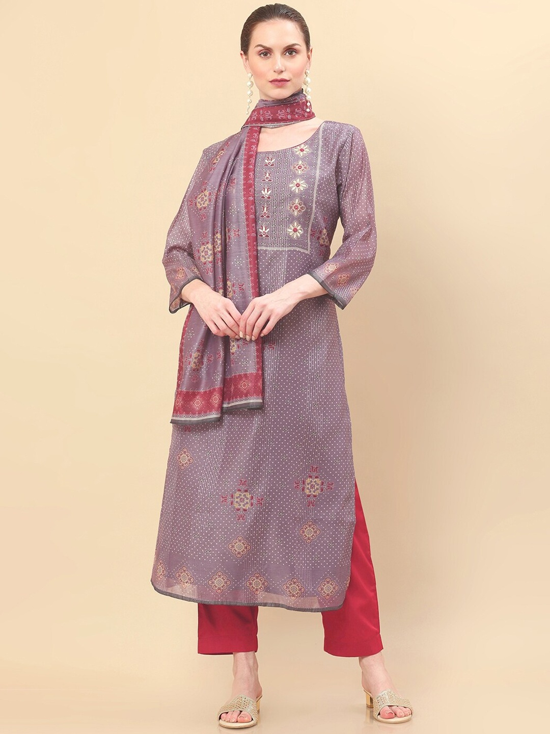 

Soch Women Purple &Red Embroidered Straight Kurta with Trousers & With Dupatta