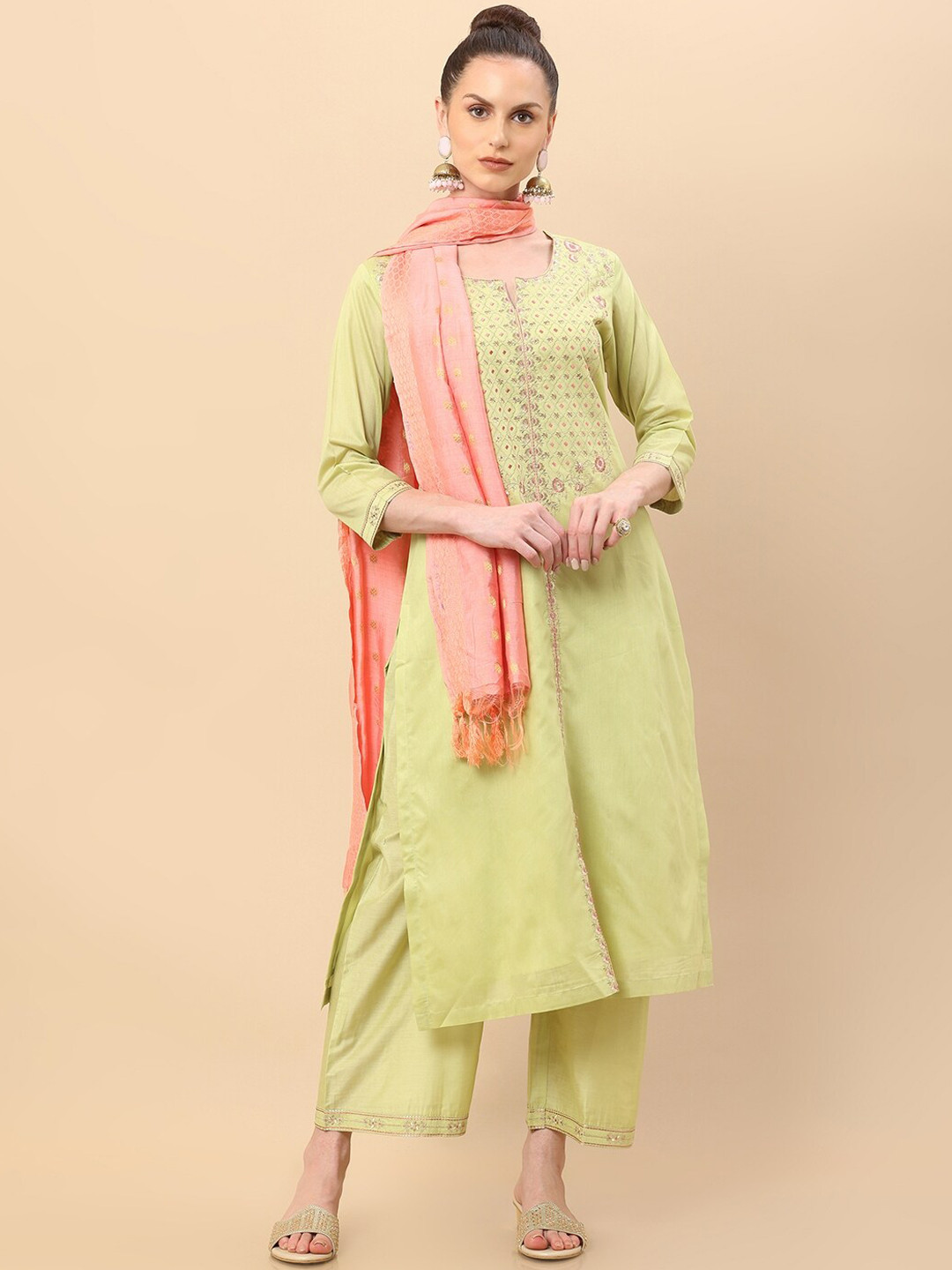 

Soch Women Green Ethnic Motifs Embroidered Raw Silk Kurta with Trousers & With Dupatta