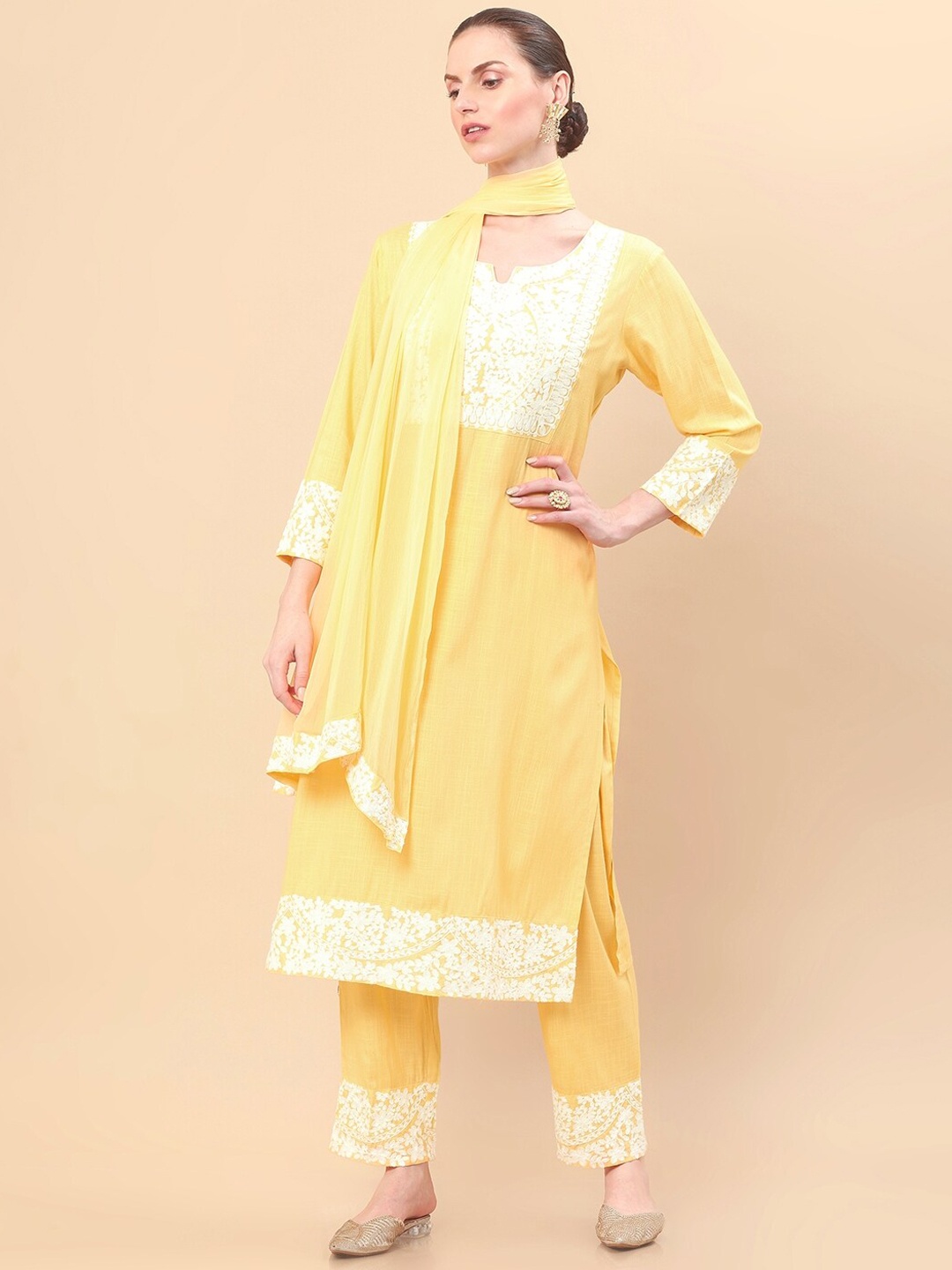 

Soch Women Yellow Floral Embroidered Thread Work Kurta with Trousers & With Dupatta