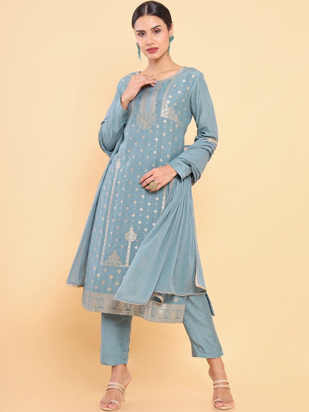 

Soch Women Turquoise Blue Ethnic Motifs Printed Kurta with Trouser & Dupatta