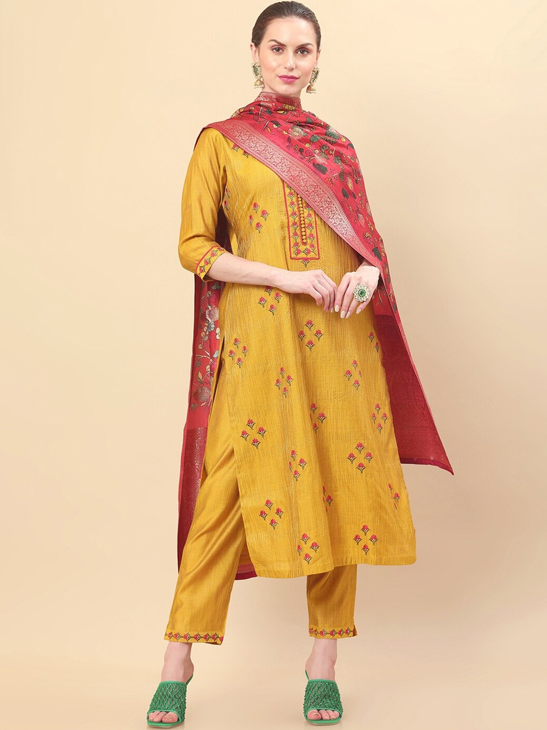 

Soch Women Mustard Yellow Ethnic Motifs Embroidered Pure Silk Kurta with Trousers & With Dupatta