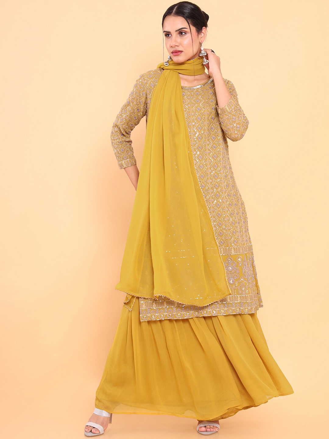 

Soch Women Mustard Yellow Ethnic Motifs Embroidered Sequinned Kurta With Sharara & Dupatta