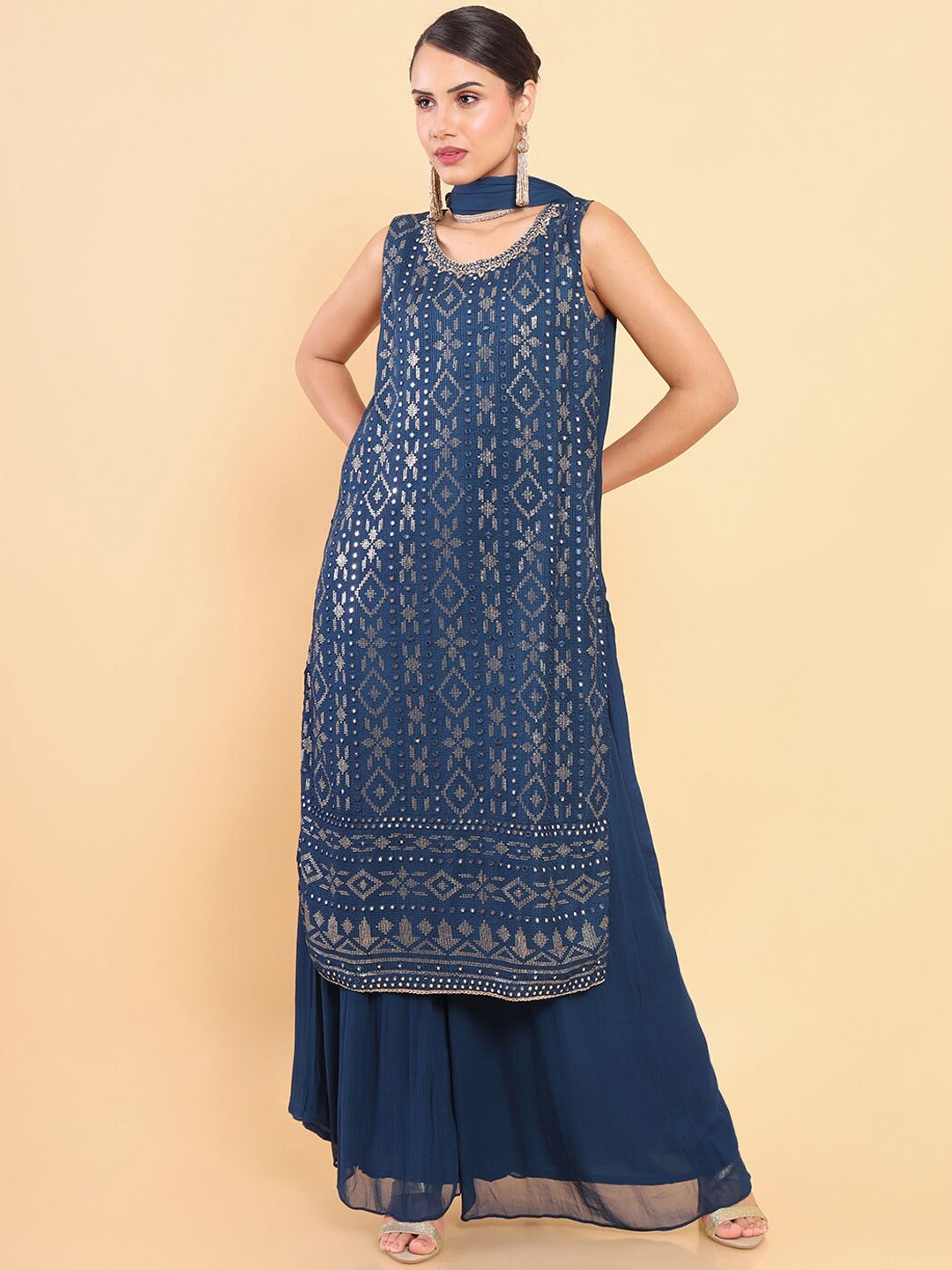 

Soch Women Navy Blue Ethnic Motifs Embroidered Sequinned Kurta with Palazzos & With Dupatta