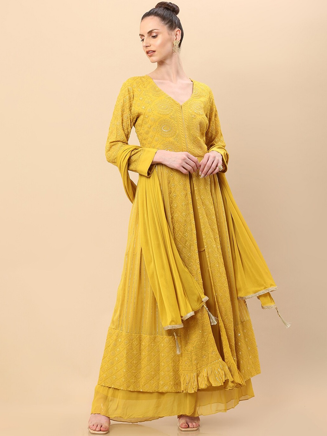 

Soch Women Mustard Yellow Ethnic Motifs Embroidered Kurta with Sharara & With Dupatta