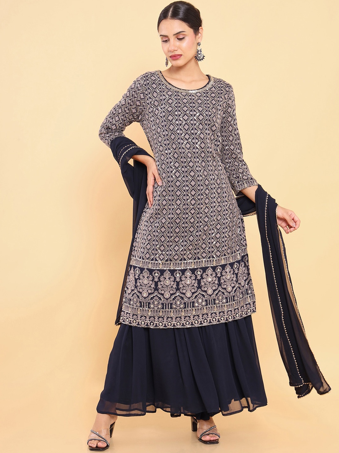 

Soch Women Navy Blue Ethnic Motifs Embroidered Kurta with Sharara & With Dupatta