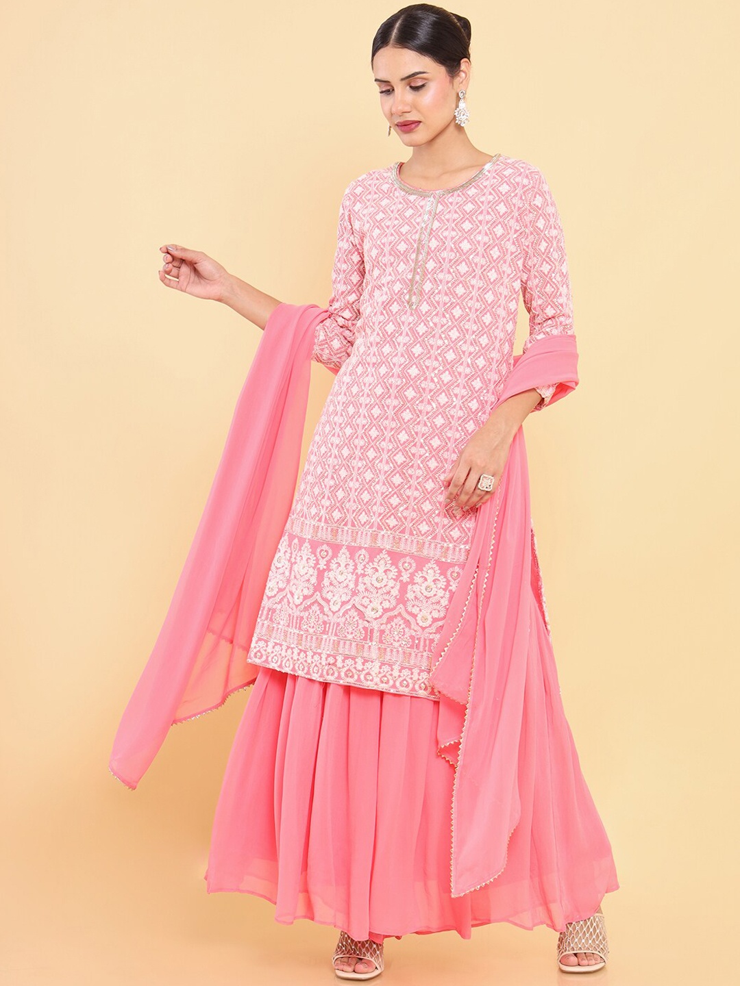 

Soch Women Pink Ethnic Motifs Embroidered Thread Work Kurta with Sharara & With Dupatta