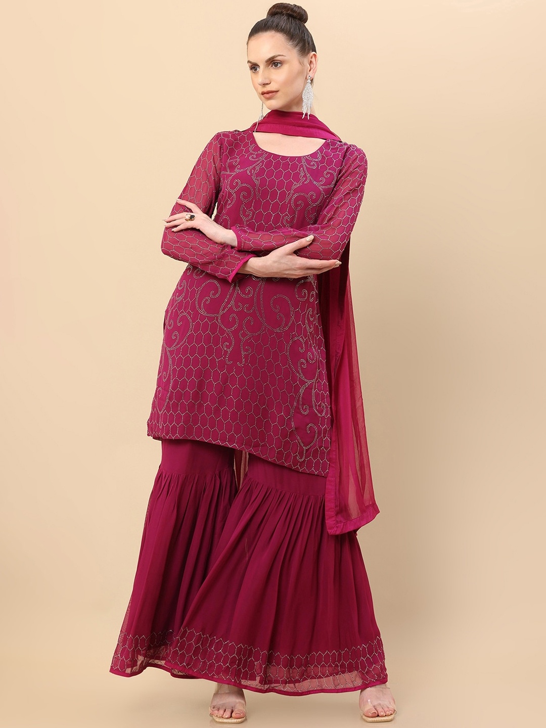 

Soch Women Magenta Floral Embroidered Beads and Stones Kurta with Sharara & Dupatta