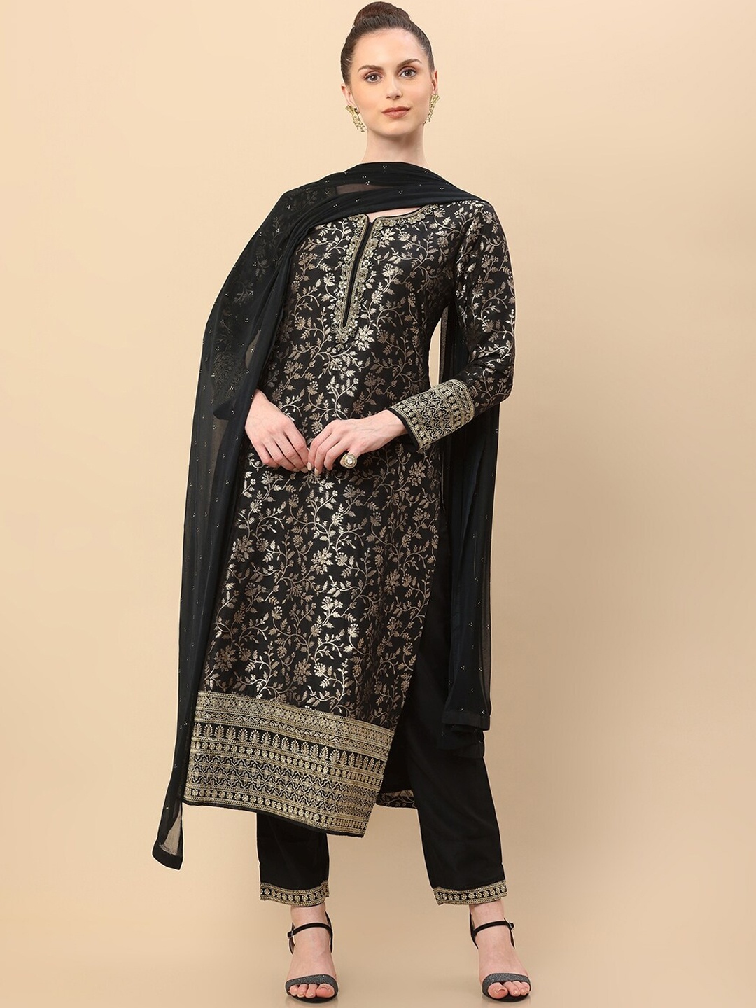 

Soch Women Black Floral Beads and Stones Kurta with Trousers & With Dupatta