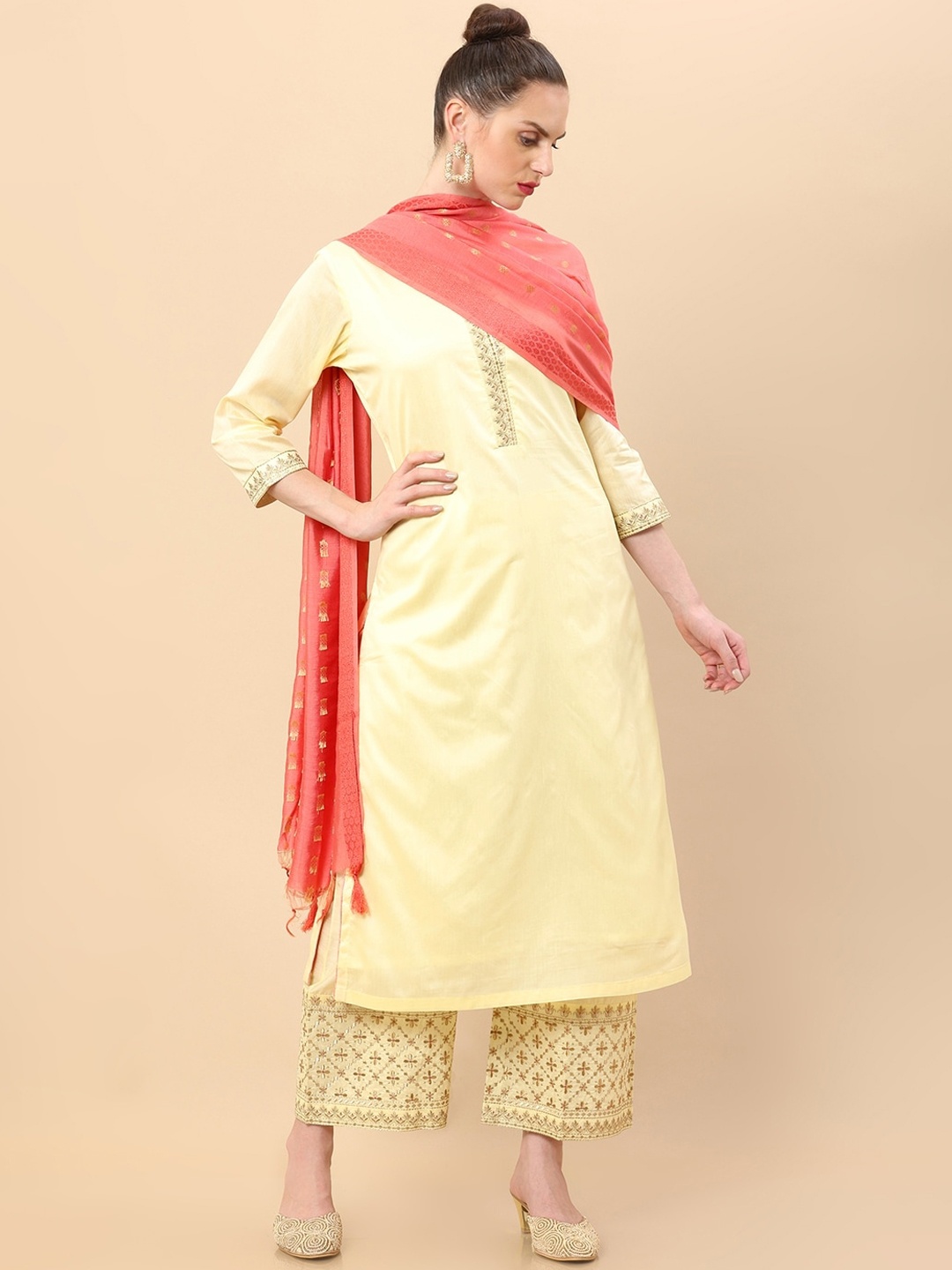 

Soch Women Yellow Floral Embroidered Thread Work Raw Silk Kurta with Palazzos & With Dupatta
