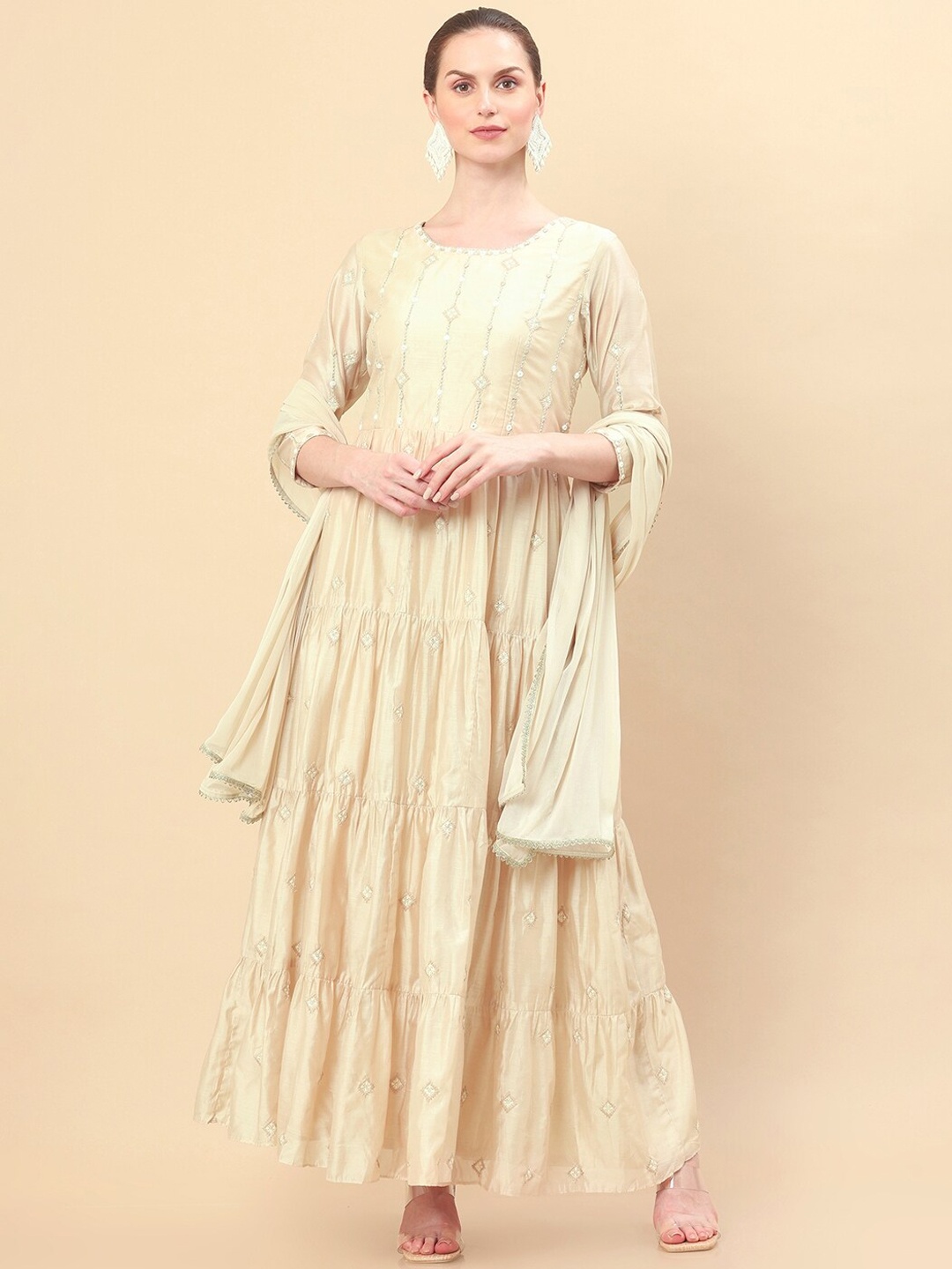 

Soch Women Beige Embroidered Mirror Work Kurta with Trousers & Dupatta