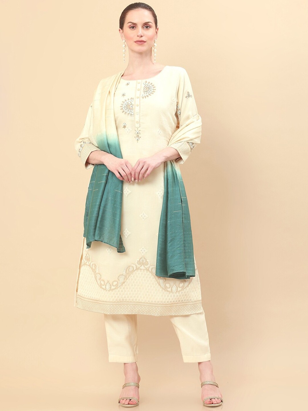 

Soch Women Beige Floral Embroidered Kurta with Trousers & Dupatta