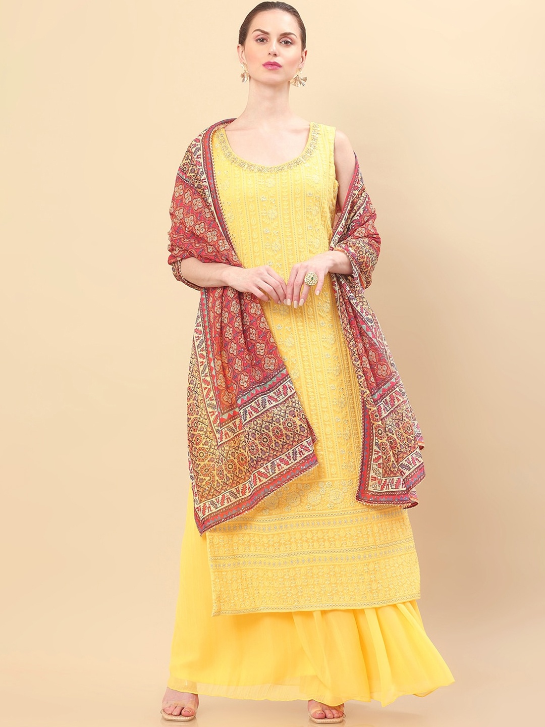 

Soch Women Yellow Floral Embroidered Chikankari Kurta with Palazzo & Dupatta