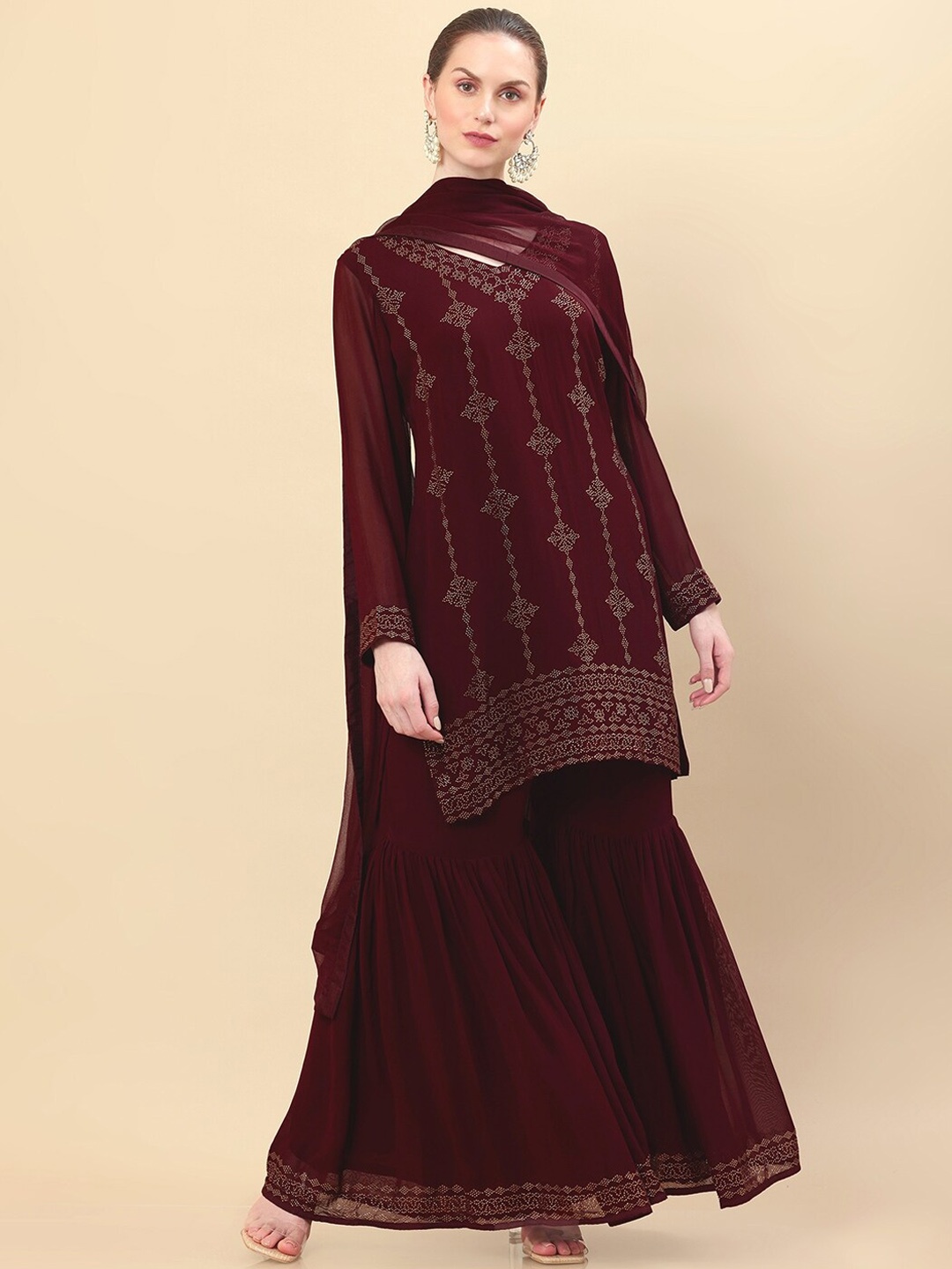 

Soch Women Maroon Embellished Kurti with Sharara & With Dupatta Set