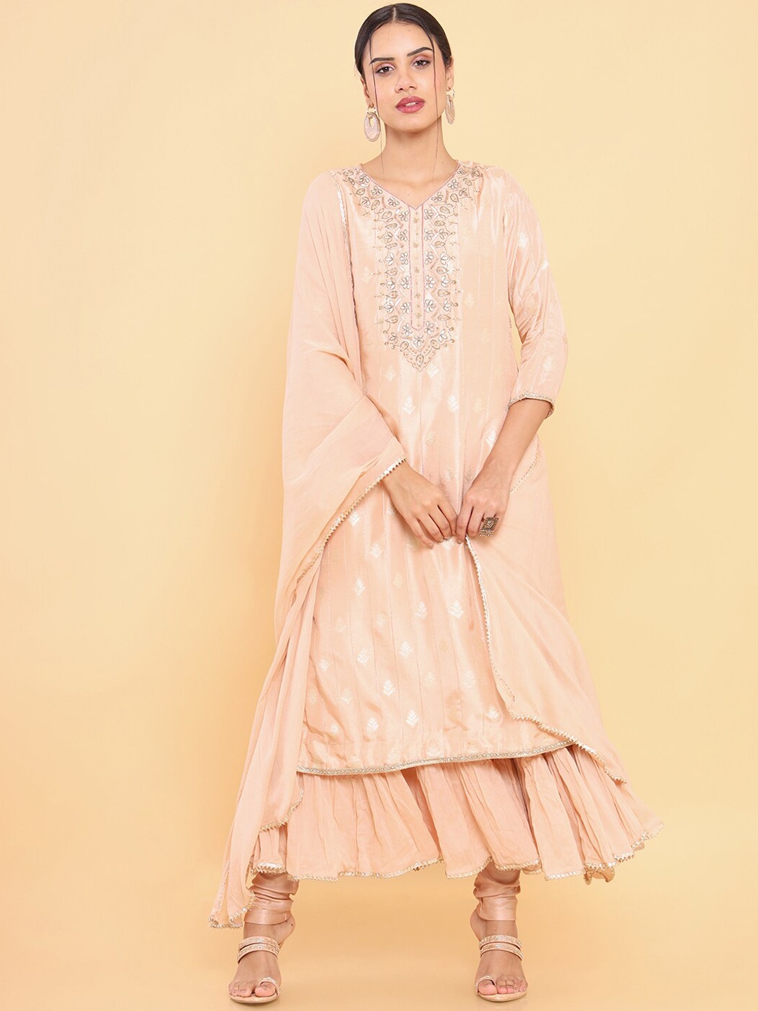 

Soch Women Peach-Coloured Ethnic Motifs Yoke Design Layered Kurta with Churidar