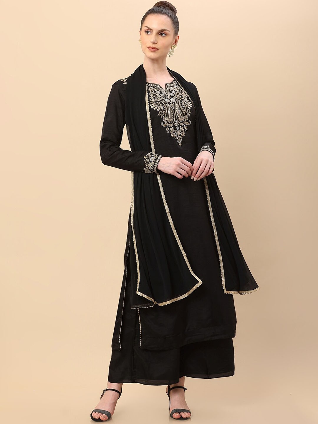 

Soch Women Black Ethnic Motifs Embroidered Kurta with Palazzo & Dupatta