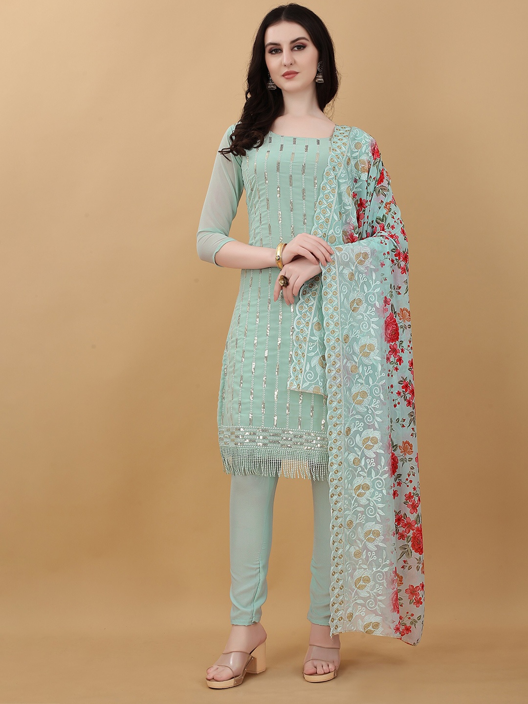 

APPLIX STYLE Teal & Red Embroidered Silk Georgette Unstitched Dress Material