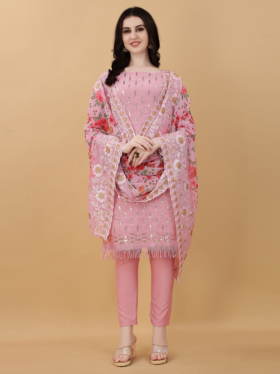 

APPLIX STYLE Pink & Green Embroidered Silk Georgette Unstitched Dress Material