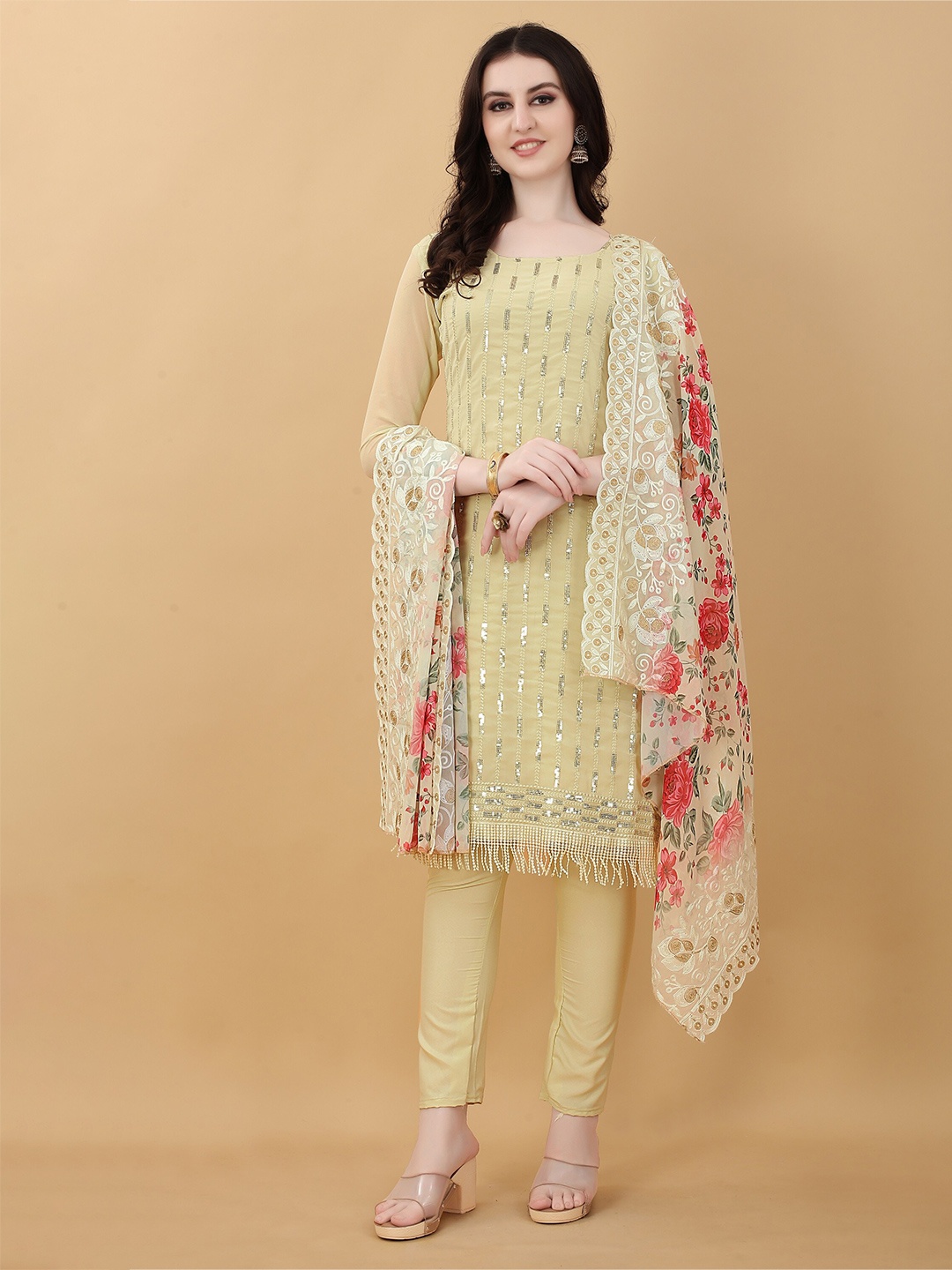 

APPLIX STYLE Women Beige & Red Embroidered Silk Georgette Unstitched Dress Material