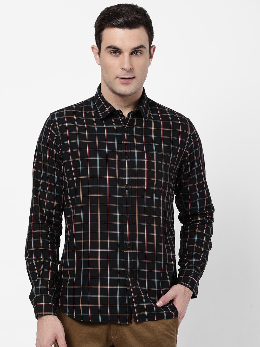 

AD By Arvind Men Black Slim Fit Grid Tattersall Checks Cotton Casual Shirt