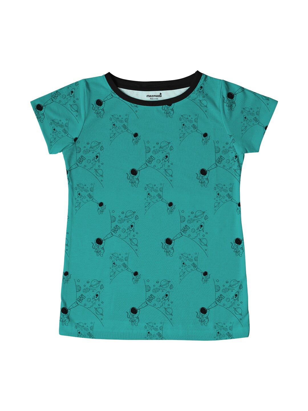 

mezmoda Girls Green & Black Printed Halfsleeve Round Neck Tshirt