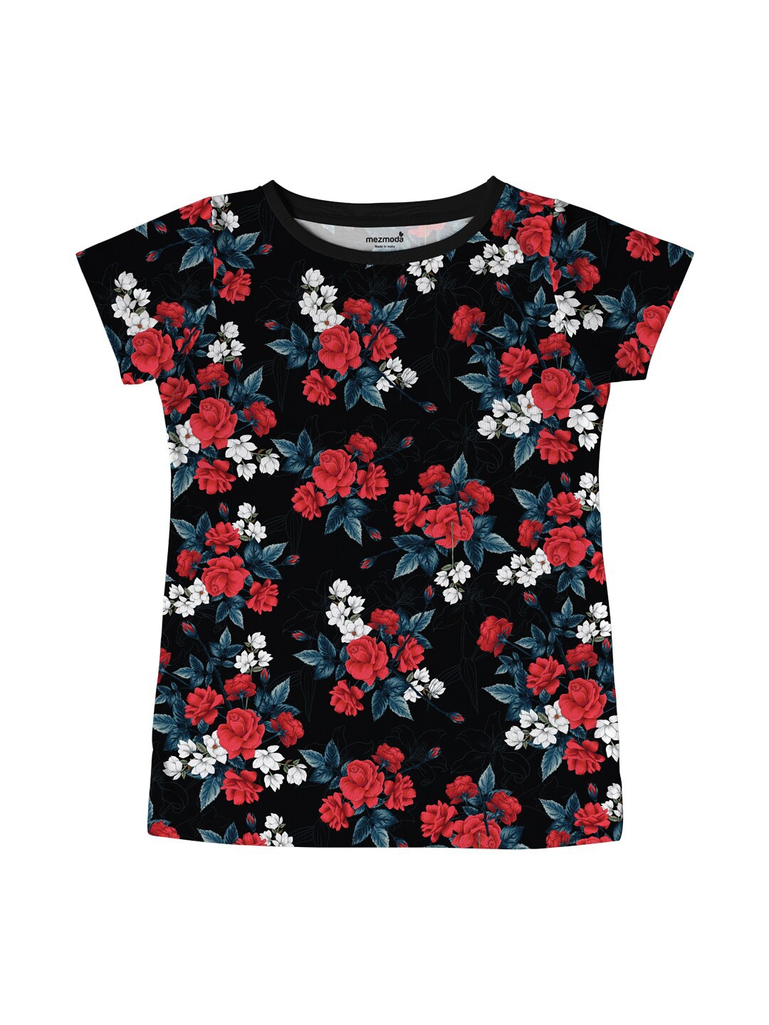 

mezmoda Girls Black And Red Floral Printed T Shirt