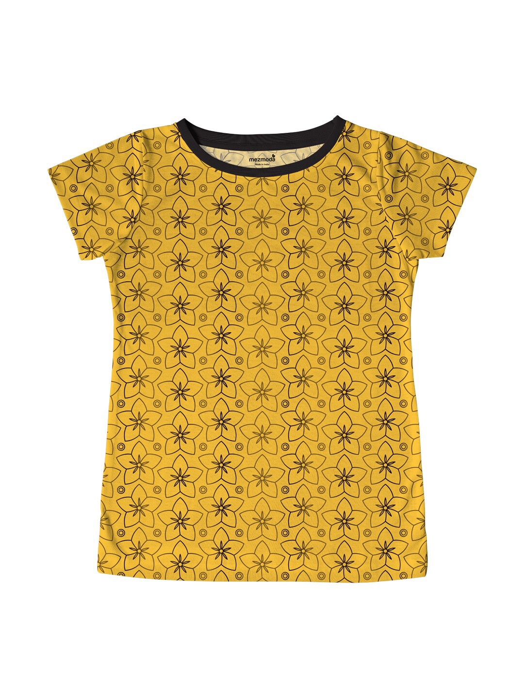 

mezmoda Girls Yellow & Black Floral Printed T-shirt