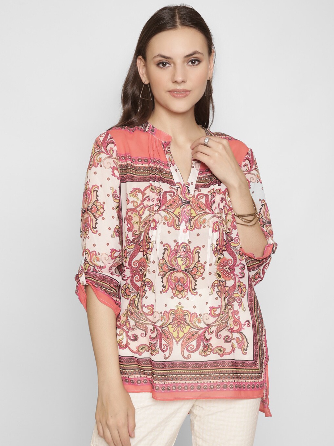 

250 DESIGNS Women White & Pink Printed Mandarin Collar Roll-Up Sleeves High-Low Top