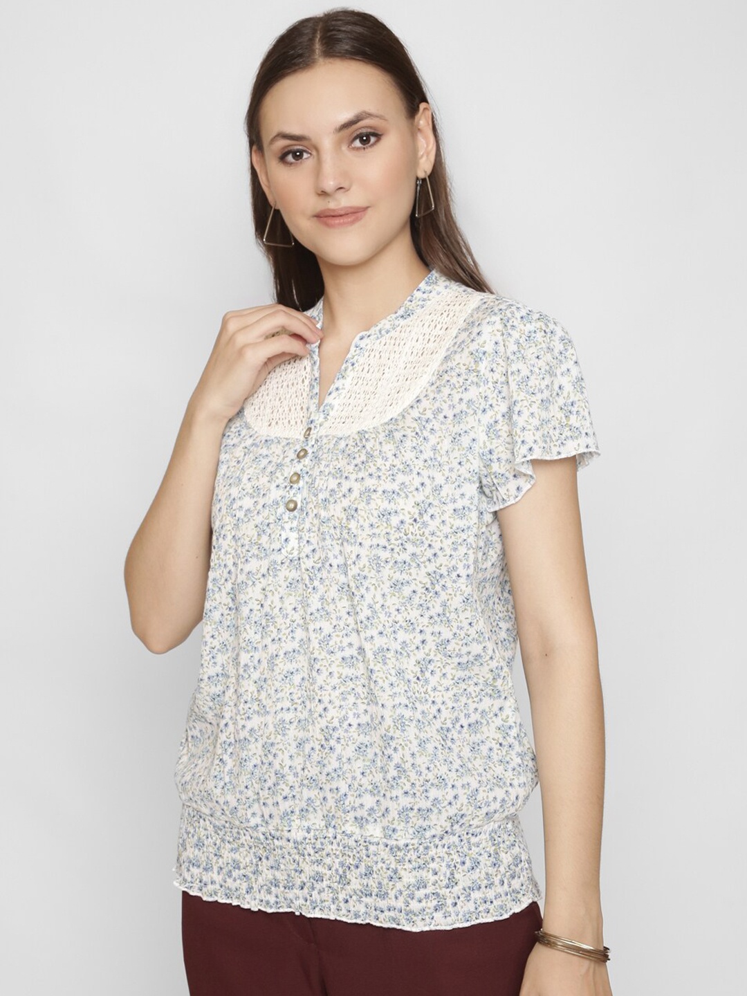 

250 DESIGNS Blue Floral Printed Mandarin Collar Rayon Top