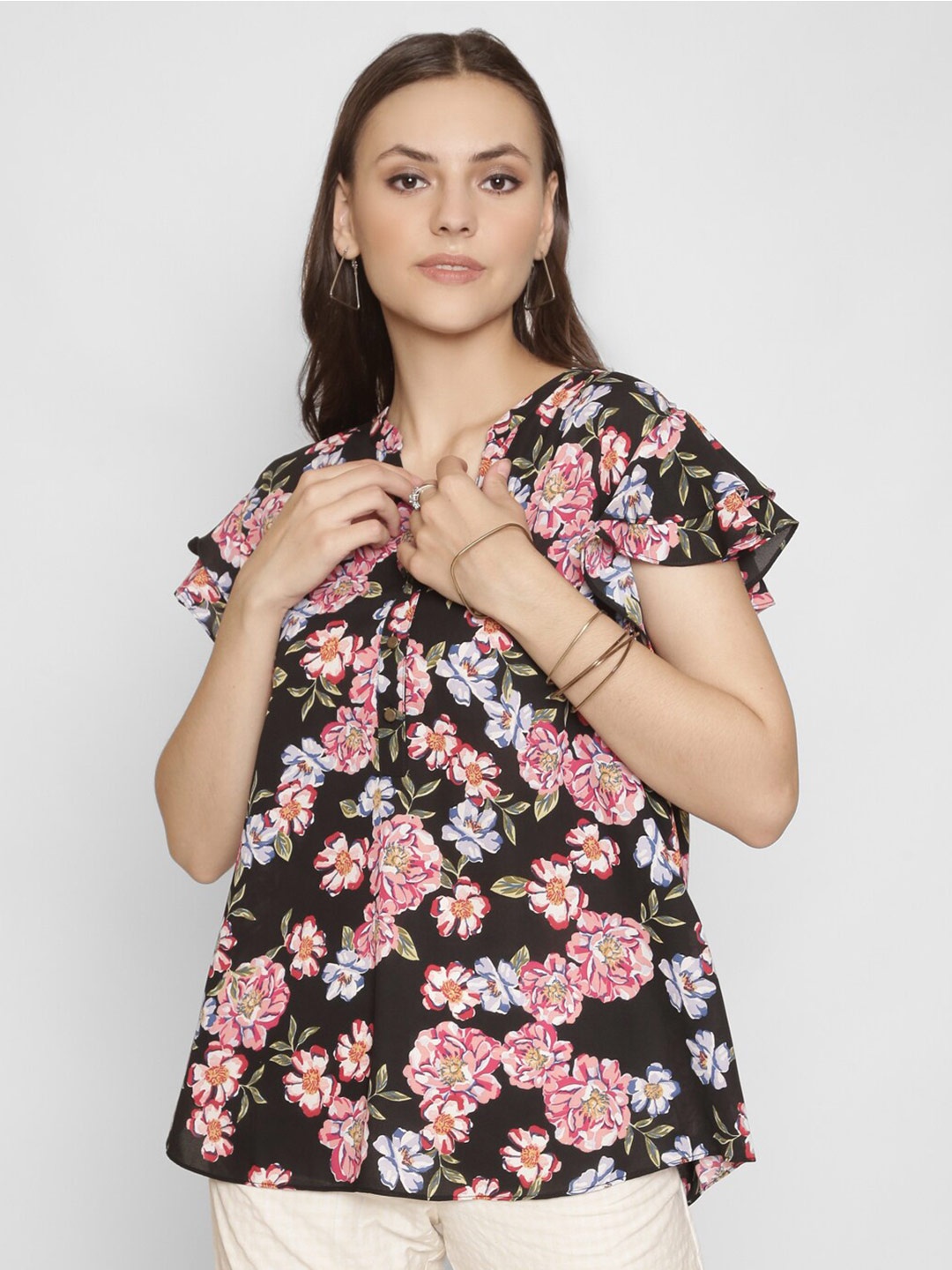 

250 DESIGNS Women Coffee Brown & Pink Floral Printed Polycotton Top