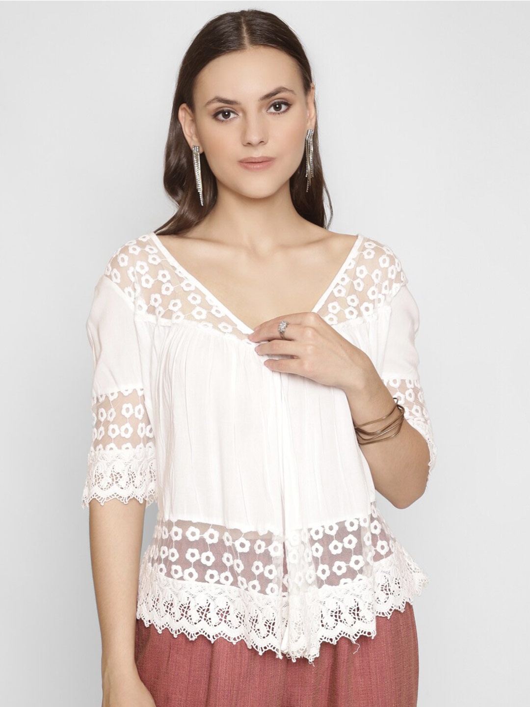 

250 DESIGNS White Self Design Pure Cotton Top