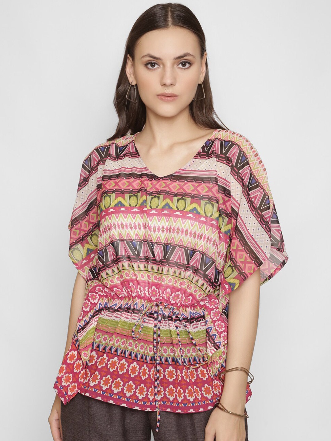 

250 DESIGNS White & Pink Tribal Print Georgette Kaftan Top