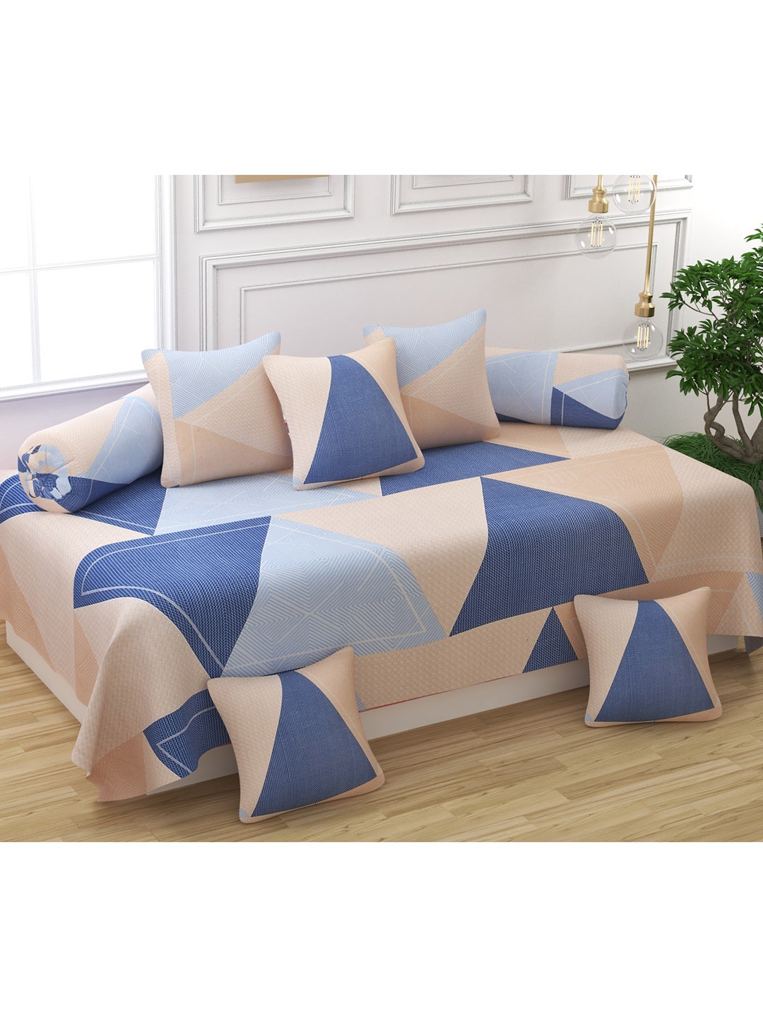 

Bajo's Set Of 8 Blue & Beige Printed Pure Cotton Diwan Set