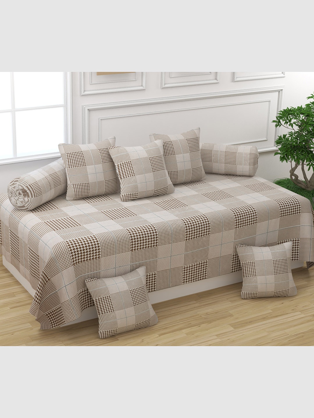 

Bajo's Set of 8 Beige & Brown Checked Cotton Diwan Set